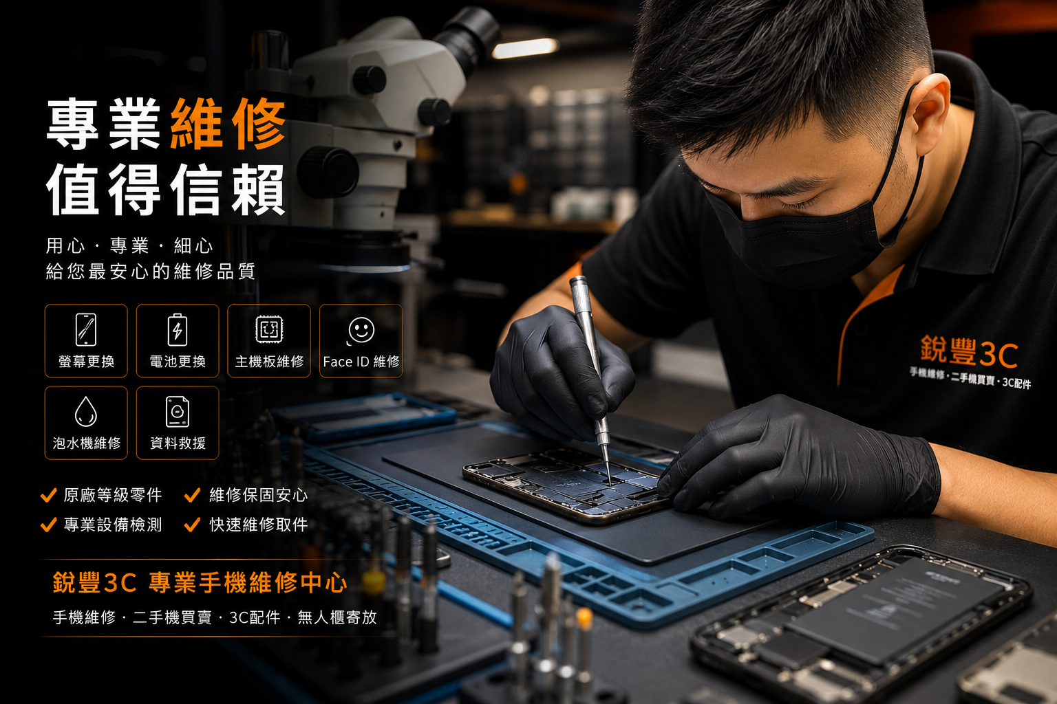 銳豐3C專業手機維修服務，包含螢幕更換、電池更換、主機板維修、Face ID維修、泡水機維修與資料救援